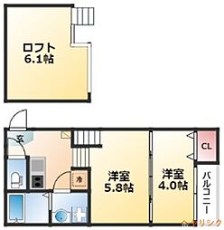 ハーモニーテラス生駒町III 2階2Kの間取り