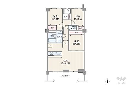 間取りは専有面積71.8平米の3LDK。LDK約17.7帖の横長リビングのプラン。玄関位置が共用廊下からやや奥まっており、玄関扉の開閉時に中を見られにくいよう配慮されているのもポイント。