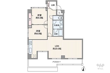 間取りは専有面積71.19平米の2LDK。LDK約20帖の横長リビングのプラン。バルコニー面積は15.88平米です。