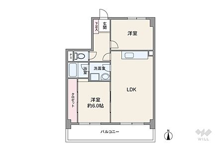 間取りは専有面積58.60平米の2LDK。バルコニー面積は10.80平米です。
