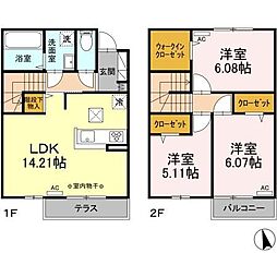 西武国分寺線 恋ヶ窪駅 徒歩19分の賃貸テラスハウス 2階3LDKの間取り