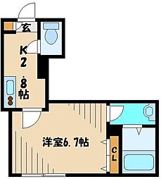 西武新宿線 東村山駅 徒歩3分の賃貸マンション 2階1Kの間取り