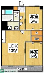 西武新宿線 東村山駅 徒歩5分の賃貸マンション 4階2LDKの間取り