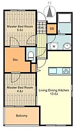 JR中央線 国立駅 徒歩5分の賃貸マンション 3階2LDKの間取り
