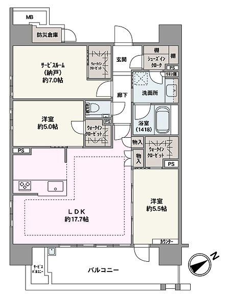 LDKは隣接する洋室約5.5帖との一体利用が可能。バルコニーは植物への水やりや、靴のお掃除などに便利なシンク付き。