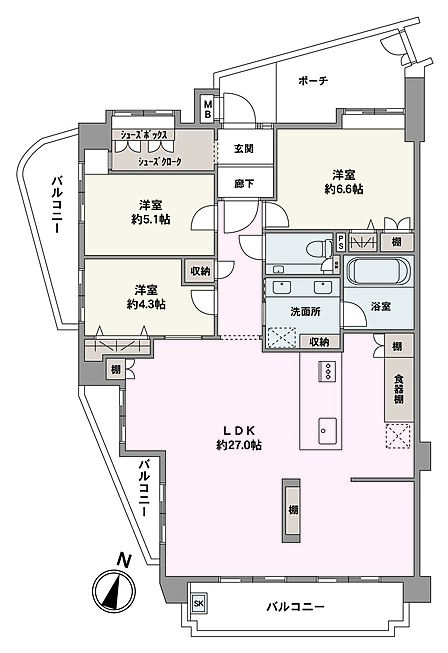 南東向き角住戸です。暮らしの中心となるLDKは、27帖の広々空間。SCなど室内随所に収納が備わっていて、居住空間を広く使えます。