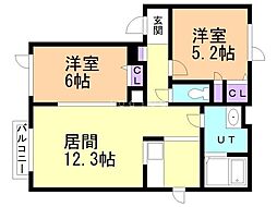 プリエ弐番館 2LDKの間取図画像