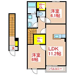 スプリング　Ｗ　愛 2階2LDKの間取り