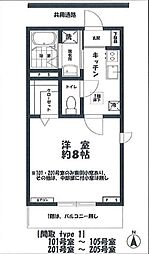 東武東上線 若葉駅 徒歩5分の賃貸アパート 2階1Kの間取り