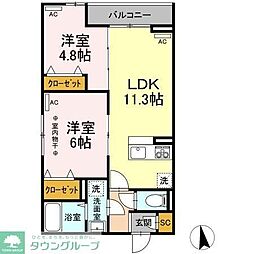 京王高尾線 山田駅 徒歩17分の賃貸アパート 3階2LDKの間取り