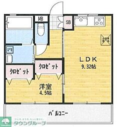 南部ハイツ 2階1LDKの間取り