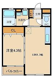 アエル東大和 1階1LDKの間取り
