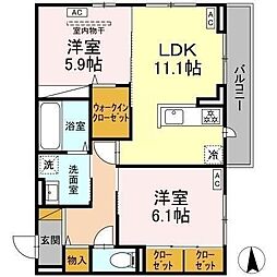 ヴィラージュ 2階2LDKの間取り