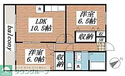 サンライズ万葉A 2LDKの間取図画像