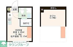 ハーモニーテラス中台 2階ワンルームの間取り
