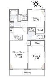 サンハイツ川崎 2LDKの間取図画像