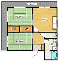 広島電鉄8系統 十日市町駅 徒歩4分の賃貸マンション 3階2DKの間取り