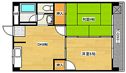 広島電鉄5系統 比治山下駅 徒歩20分の賃貸マンション 4階2DKの間取り