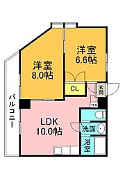 広島電鉄8系統 舟入幸町駅 徒歩4分の賃貸マンション 2階2DKの間取り