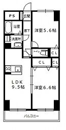 JR可部線 七軒茶屋駅 徒歩1分の賃貸マンション 4階2LDKの間取り