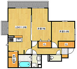 JR可部線 七軒茶屋駅 徒歩10分の賃貸アパート 1階2LDKの間取り