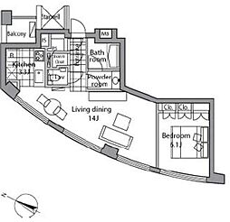 レジディアタワー乃木坂 16階1LDKの間取り