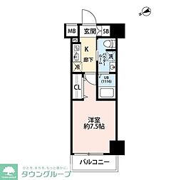 プレール・ドゥーク門前仲町III 1階1Kの間取り