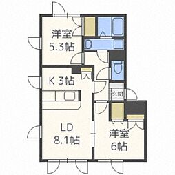 レフュージ川沿 2LDKの間取図画像