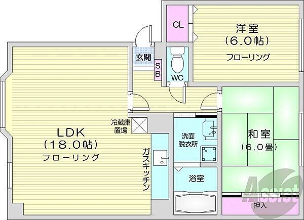 グロワール22 ｜北海道札幌市東区北二十二条東23丁目(賃貸マンション2LDK・2階・61.66㎡)の写真 その2