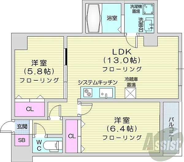 SugarRay ｜北海道札幌市東区北十九条東5丁目(賃貸マンション2LDK・4階・52.38㎡)の写真 その2