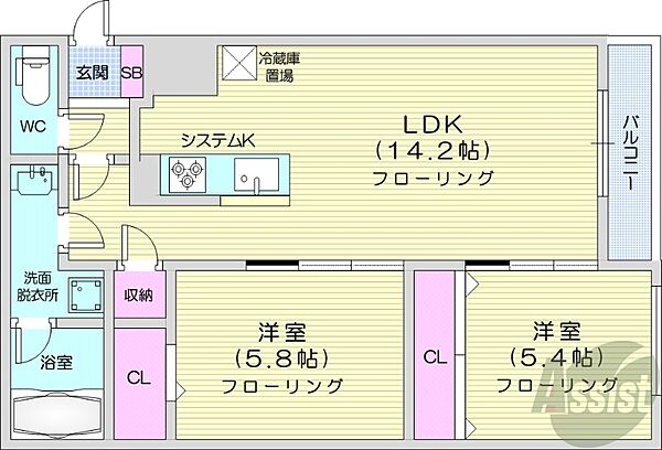 北海道札幌市中央区北一条西19丁目(賃貸マンション2LDK・8階・54.62㎡)の写真 その2