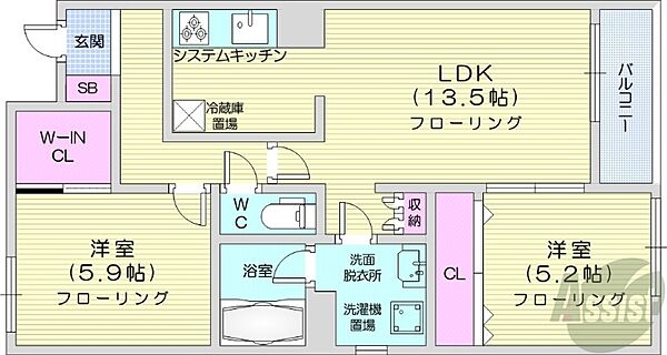 北海道札幌市白石区菊水一条1丁目(賃貸アパート2LDK・2階・60.95㎡)の写真 その2