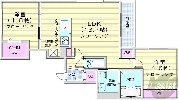 北海道札幌市中央区南十九条西9丁目(賃貸マンション2LDK・2階・52.48㎡)の写真 その2