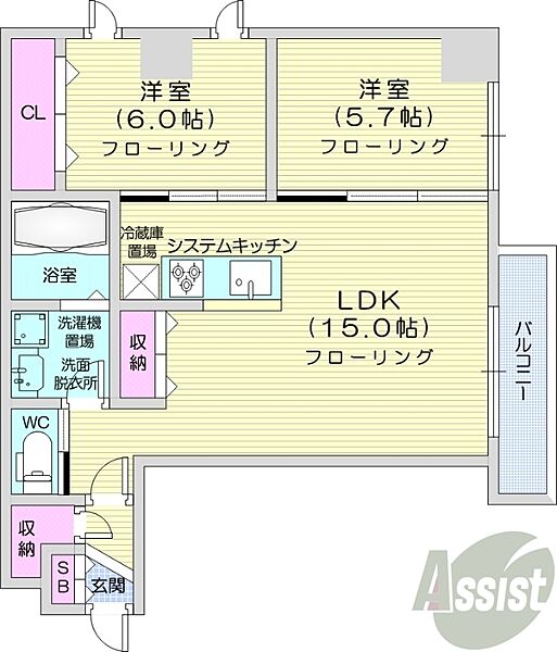 北海道札幌市豊平区中の島一条4丁目(賃貸マンション2LDK・4階・63.10㎡)の写真 その2