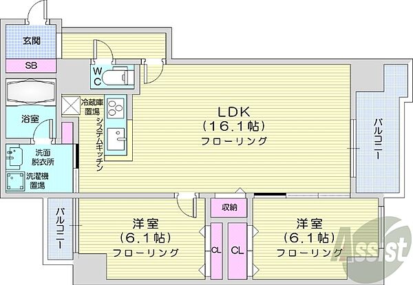 北海道札幌市中央区南六条西14丁目(賃貸マンション2LDK・9階・63.41㎡)の写真 その2