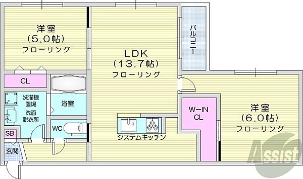 北海道札幌市中央区北三条東7丁目(賃貸マンション2LDK・2階・54.02㎡)の写真 その2