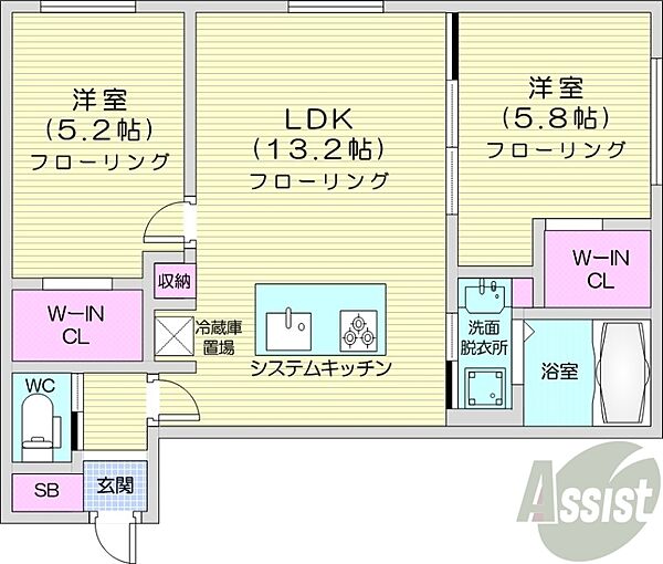 北海道札幌市白石区本郷通4丁目北(賃貸マンション2LDK・4階・56.09㎡)の写真 その2