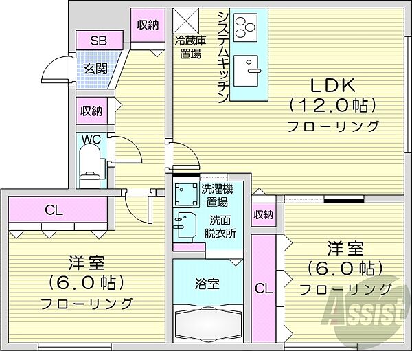 北海道札幌市中央区宮の森一条11丁目(賃貸マンション2LDK・3階・56.91㎡)の写真 その2