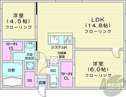 札幌市営東西線 二十四軒駅 徒歩7分の賃貸マンション 3階2LDKの間取り