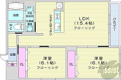 間取り：2LDK、都市ガス、エアコン、浴室乾燥機、食器洗浄乾燥機