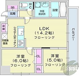 札幌市営東西線 西18丁目駅 徒歩2分の賃貸マンション 14階2LDKの間取り