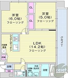 札幌市営東西線 西18丁目駅 徒歩2分の賃貸マンション 6階2LDKの間取り