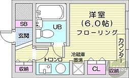 札幌市営東西線 西18丁目駅 徒歩1分の賃貸マンション 6階ワンルームの間取り