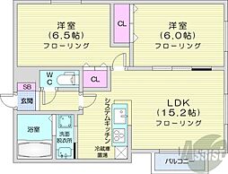 グランディールN15 4階2LDKの間取り