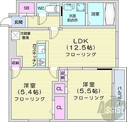 札幌市営東西線 円山公園駅 徒歩4分の賃貸マンション 2階2LDKの間取り