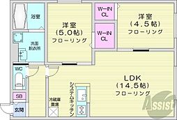 札幌市営東西線 バスセンター前駅 徒歩9分の賃貸マンション 3階2LDKの間取り