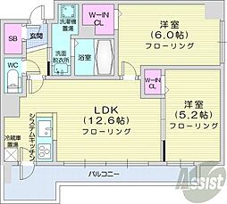 札幌市営東西線 西18丁目駅 徒歩4分の賃貸マンション 11階2LDKの間取り