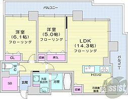 札幌市営東西線 西11丁目駅 徒歩5分の賃貸マンション 14階2LDKの間取り