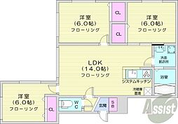 札幌市営東西線 西18丁目駅 徒歩18分の賃貸マンション 1階3LDKの間取り