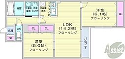 札幌市電2系統 行啓通駅 徒歩8分の賃貸マンション 3階2LDKの間取り